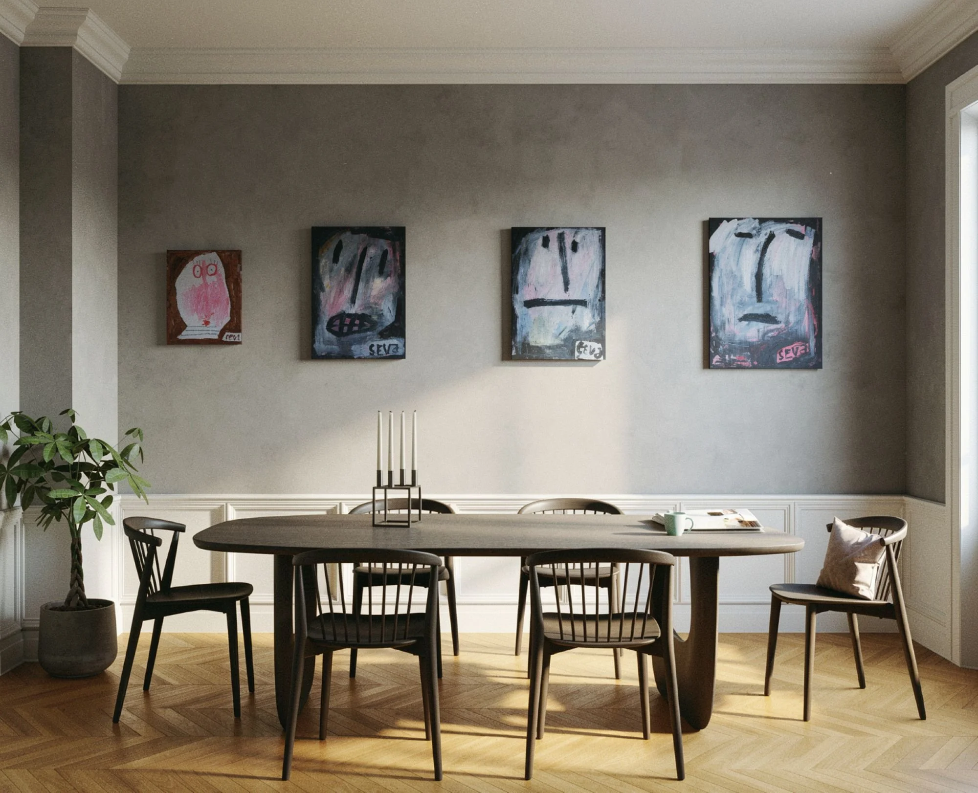 Die Kunstwerke „Zweifel“, „Das Unbekannte“, „Drama“ und „Ungenügend“ von Lenka Seva, im Raum gezeigt