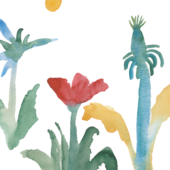 Watercolor illustration of tropical plants and flowers with green, blue, red, and yellow hues.