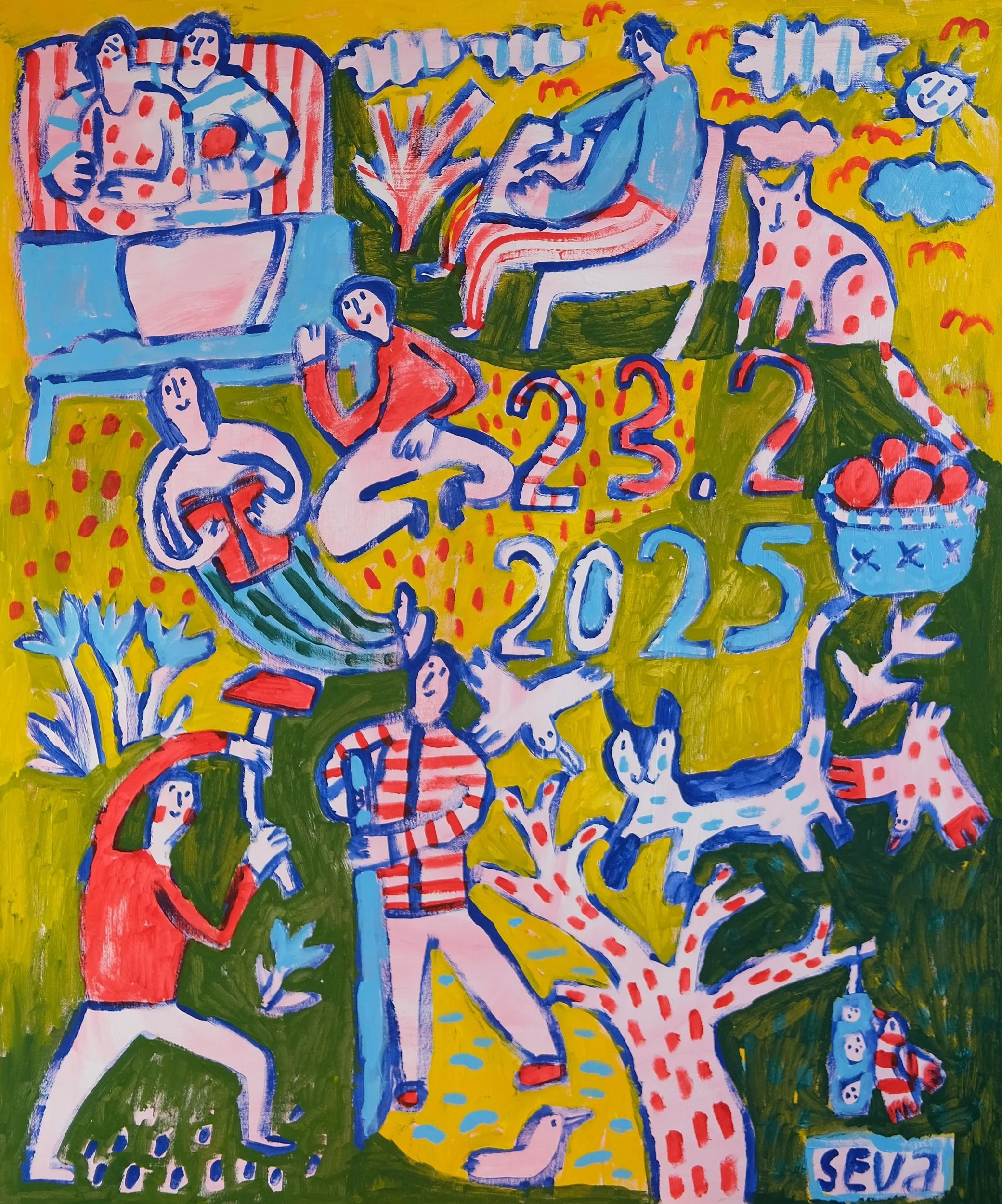 Farbenfrohes Gemälde mit Figuren beim Gartenarbeiten, Lesen und Zeichnen – Acryl auf Leinwand von Lenka Seva