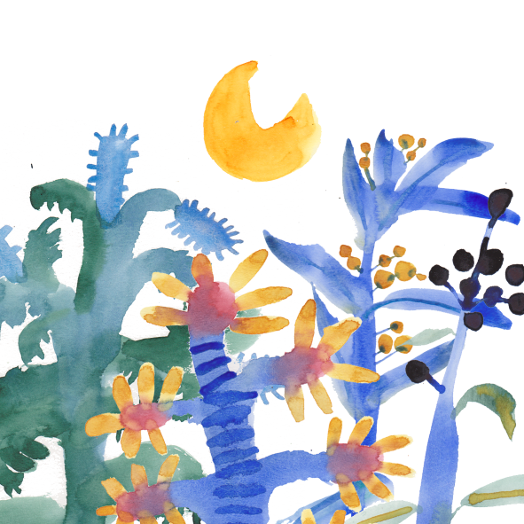 Watercolor painting of abstract plants, leaves, flowers, and a crescent moon in the sky.