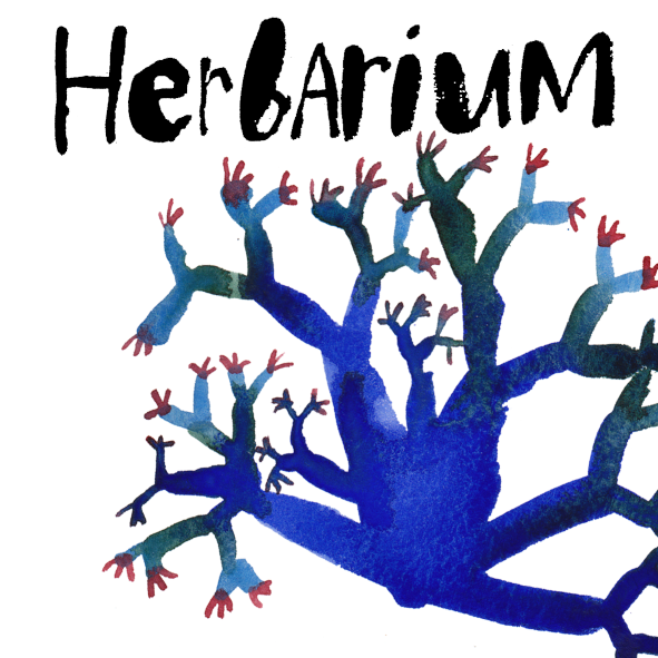 Illustration of a blue herbarium collection with multiple of plant branches, some with red tips, and the text 'Herbarium' in black at the top.