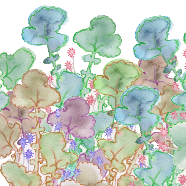 Colorful watercolor illustration of a garden with various leafy plants and flowers in pastel shades of blue, green, purple, pink, and beige.