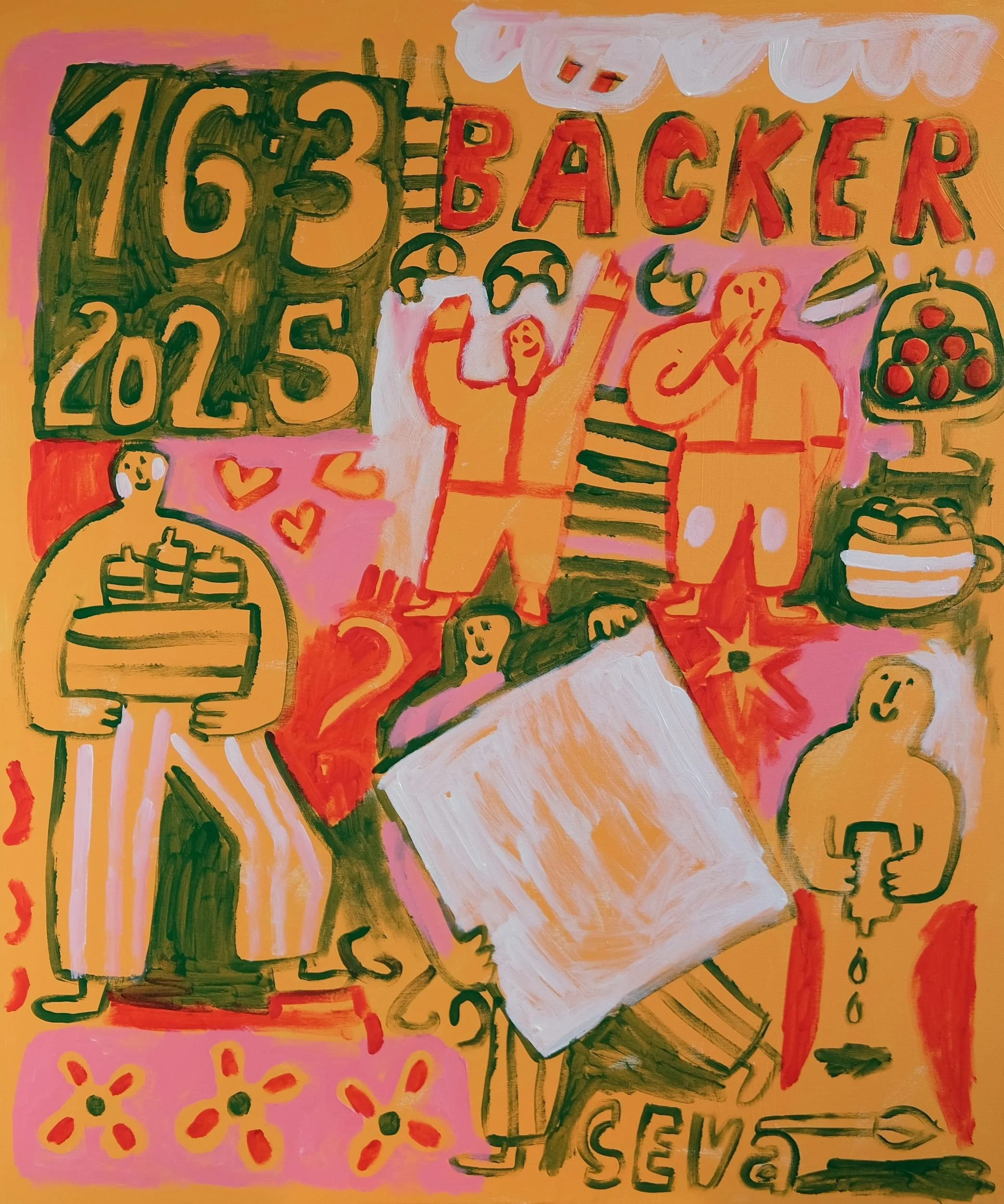 Farbenfrohes Gemälde mit Figuren beim Bäcker und im Kunstbedarf – Acryl auf Leinwand von Lenka Seva