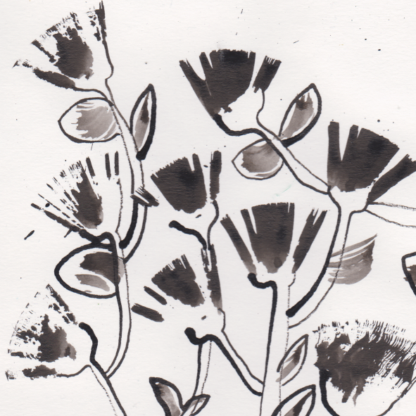 Black and white abstract floral pattern with stylized flowers and leaves.