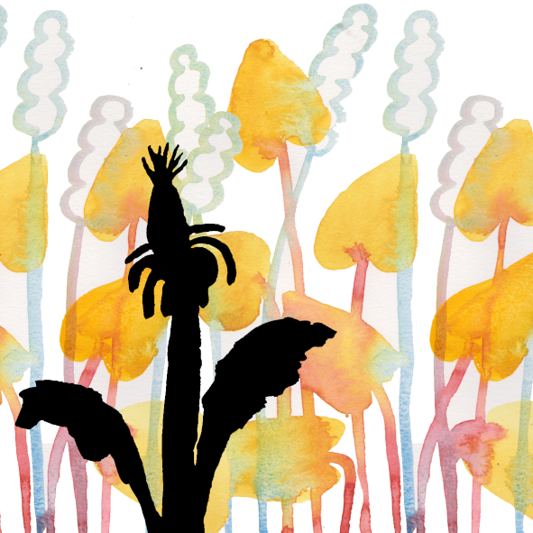 Watercolor illustration of trees with yellow and orange foliage and green and blue trunks, with a prominent black silhouette of a plant or tree in the foreground.