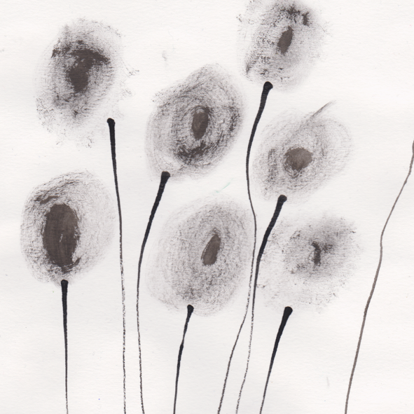 Abstract black and gray inkblot or fingerprint pattern with thin black lines.