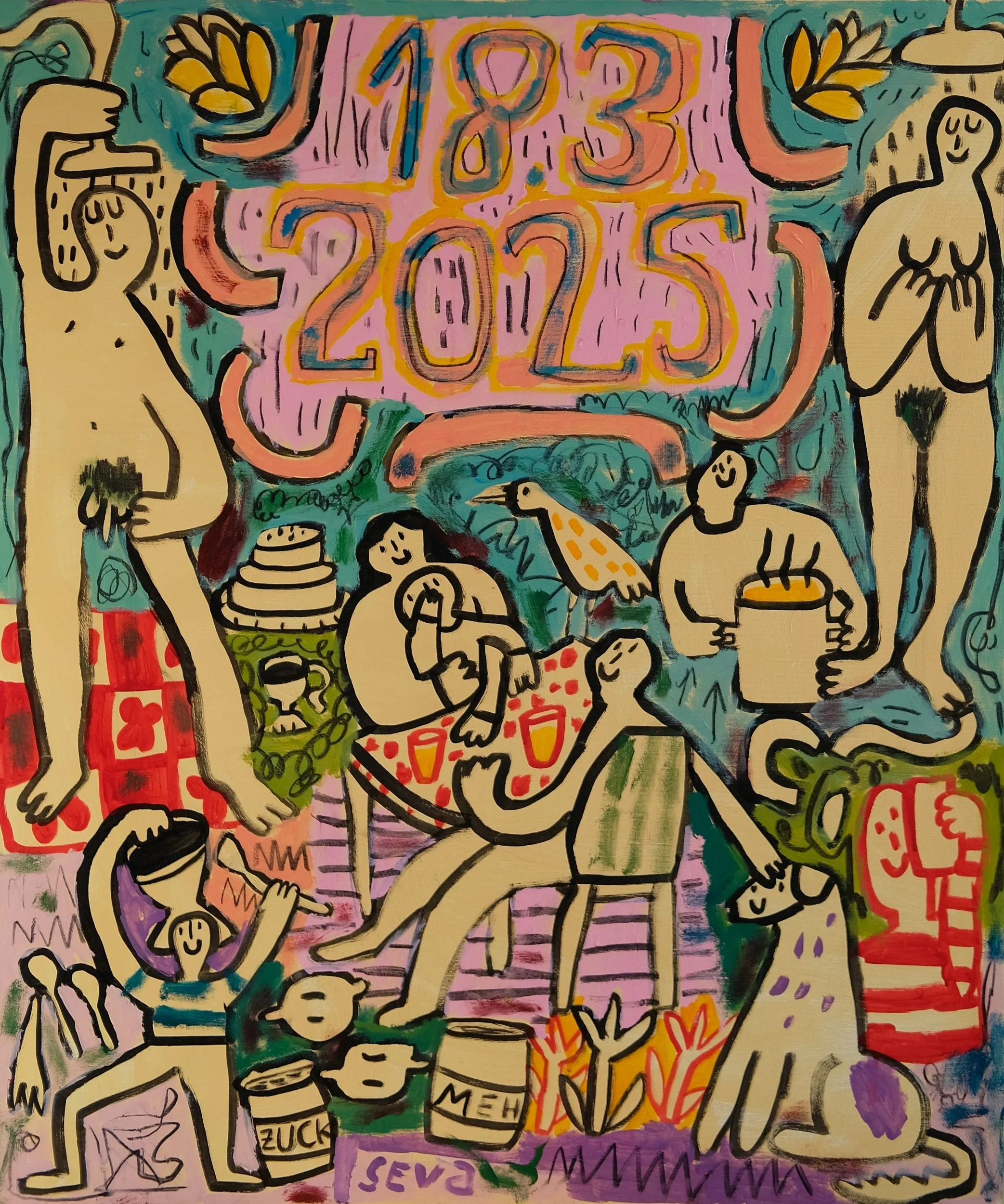 Farbenfrohes Gemälde mit schwarz umrandeten Figuren beim Duschen, Kochen und Essen, einem Vogel und einem Hund - Acryl auf Leinwand von Lenka Seva