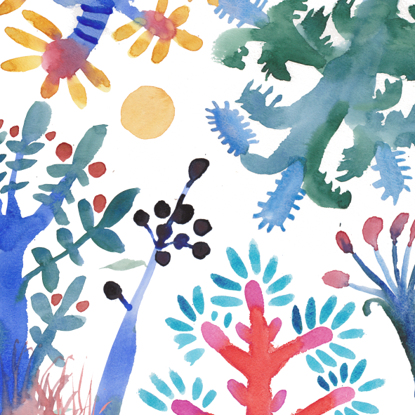 Watercolor painting of colorful abstract plants and flowers with a yellow sun in the background.