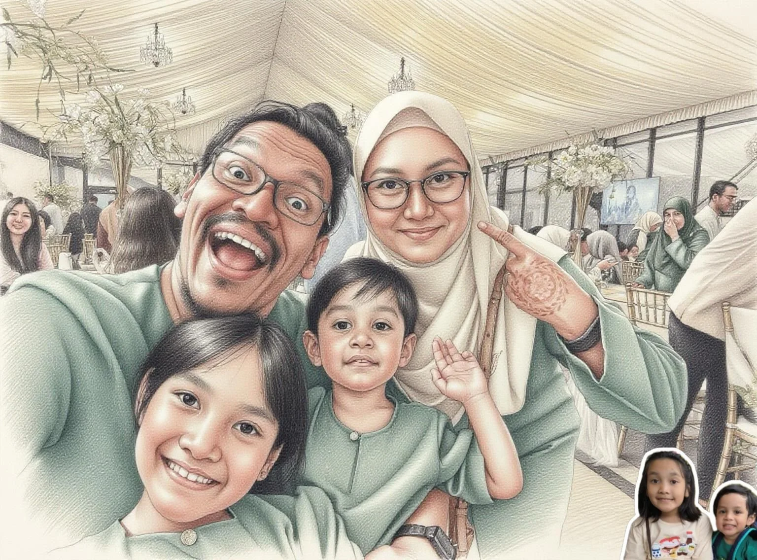 A family of four smiling people taking a selfie at a formal event. Two adults and two children, all in matching green outfits, inside a decorated tent with other guests in the background.