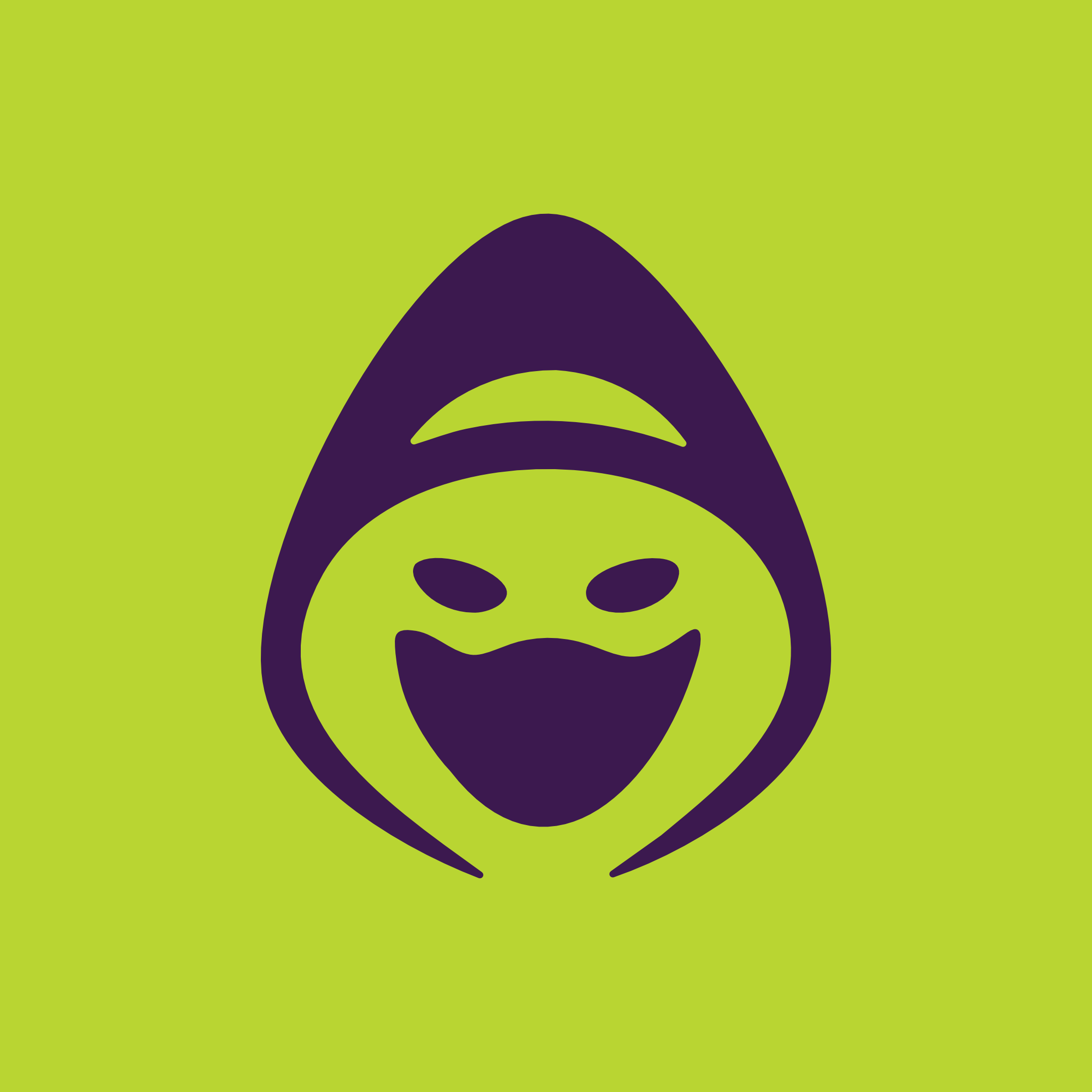 A stylized cartoon character with a mask, dark mischievous eyes, and a large, pointed hood, on a bright green background.
