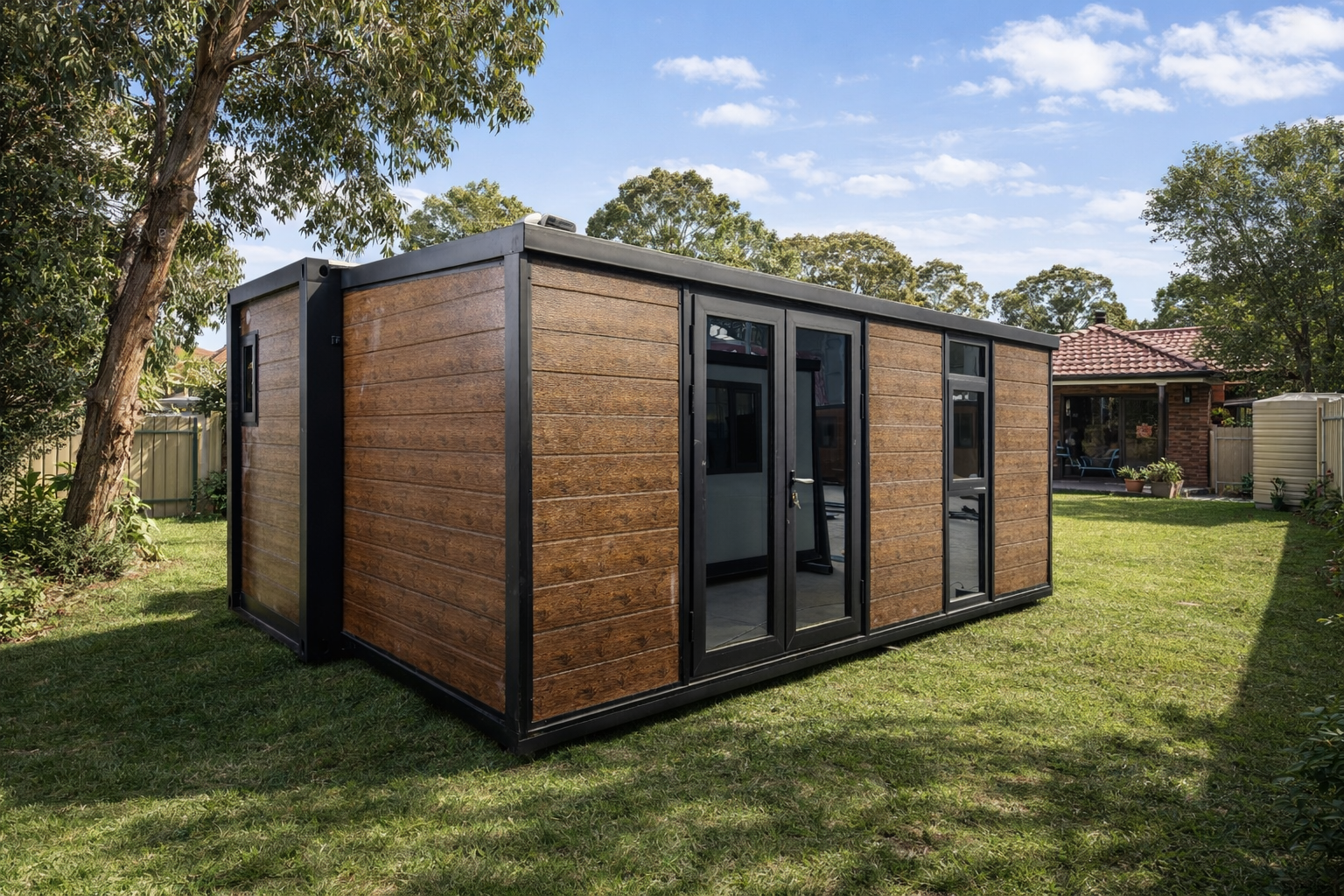 Modern modular studio pod with wood-look siding and black metal trim set in a grassy backyard.