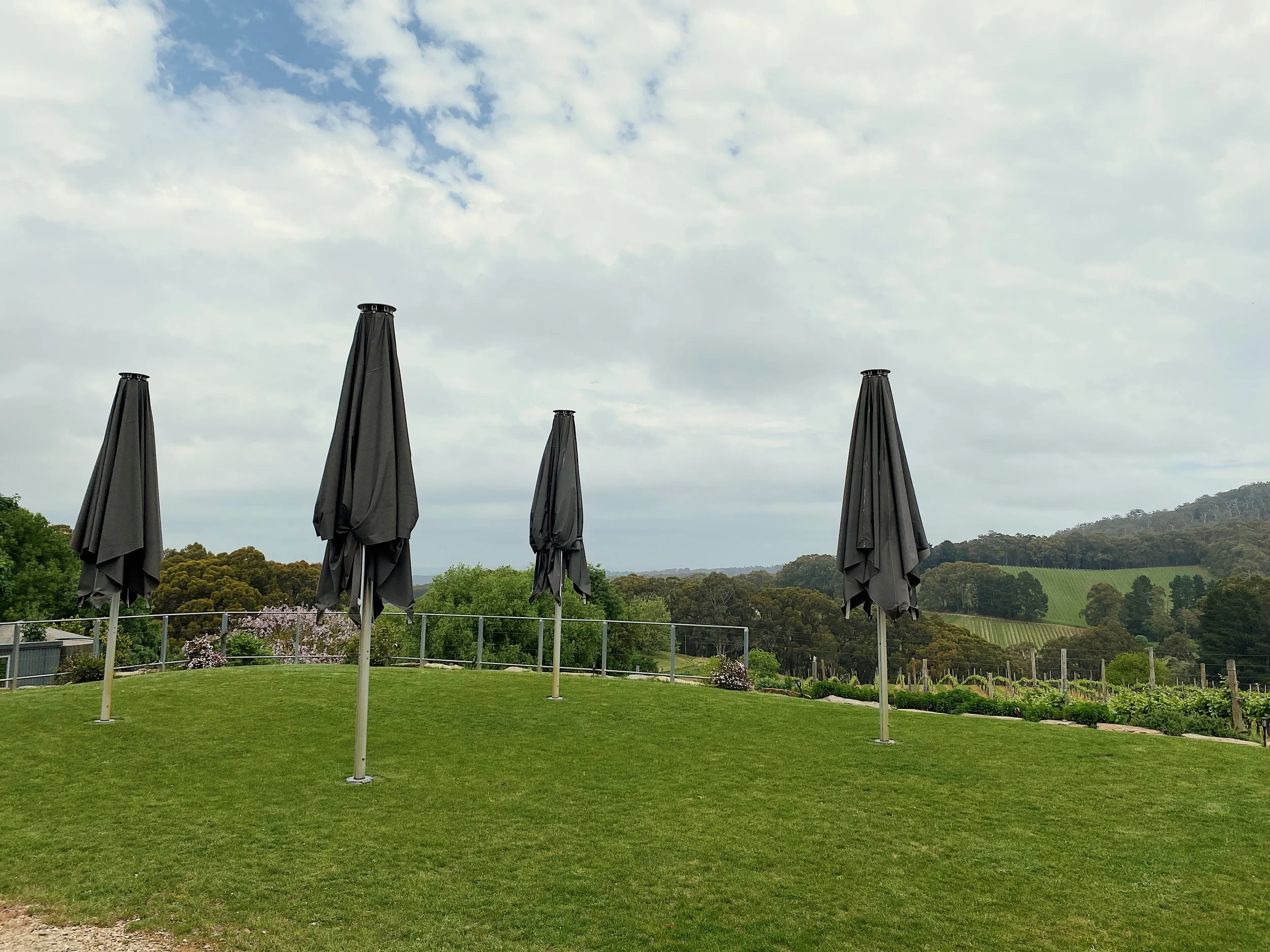 Four closed black patio umbrellas on a grassy hill with a railing, overlooking a landscape of trees, fields, and rolling hills under a cloudy sky.