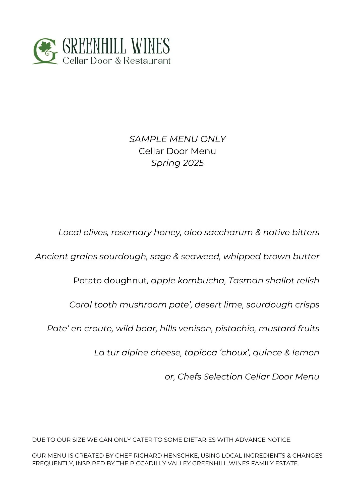 Sample menu for Greenhill Wines Cellar Door & Restaurant for Spring 2025, featuring dishes with olives, bread, grains, vegetables, and cheese.
