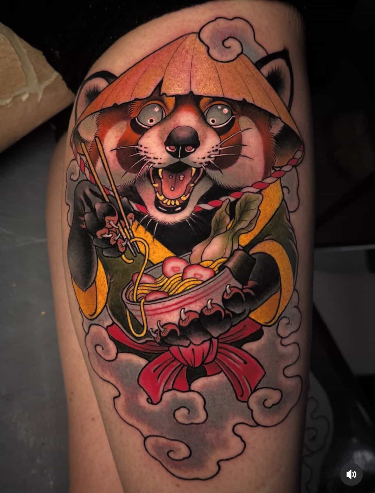 Tattoo of a dog with a samurai wrap holding a bowl of ramen, wearing a conical hat, surrounded by smoke.