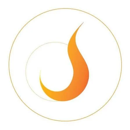 Abstract logo with orange and yellow flame-like shape encircled by thin gold lines.