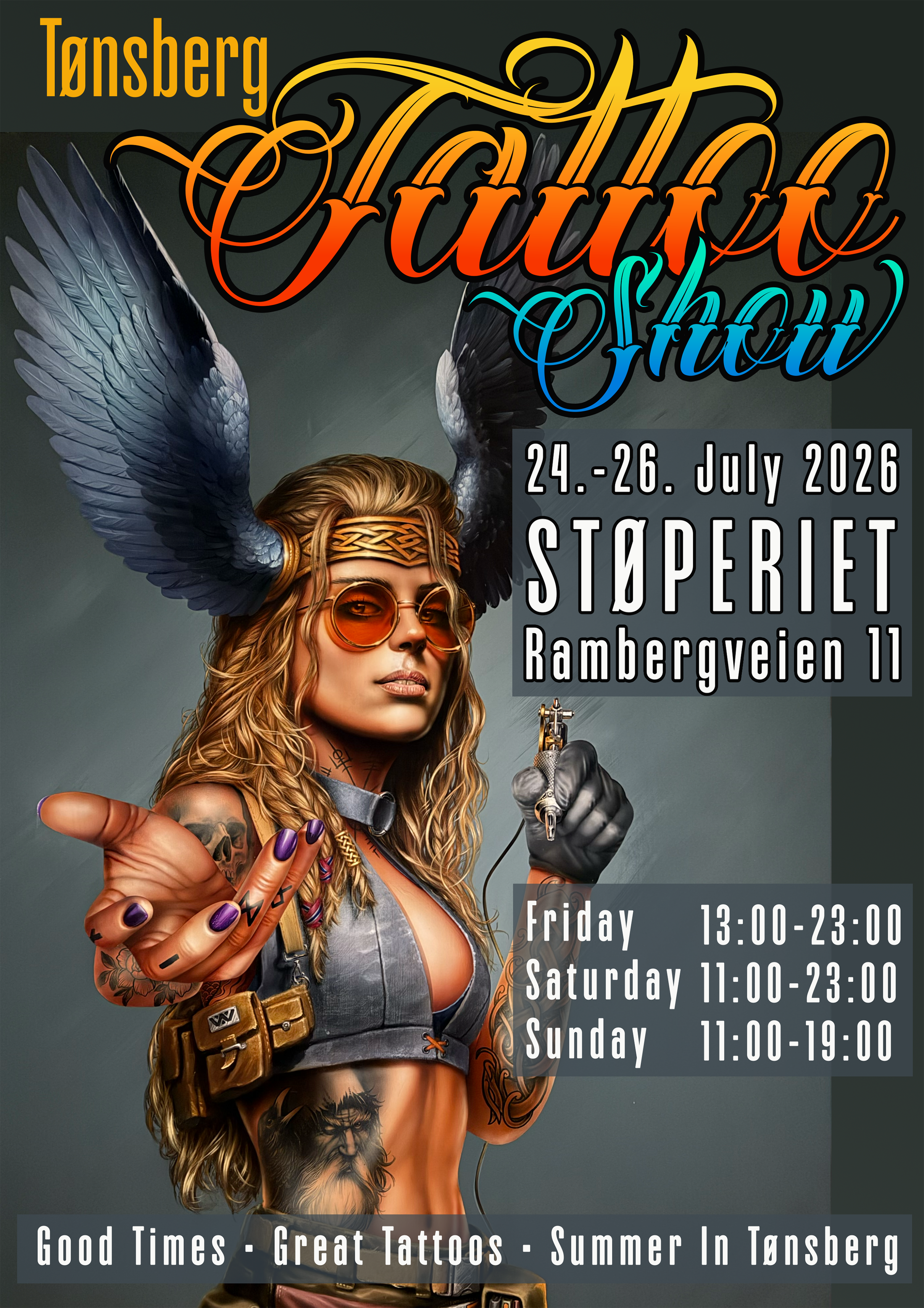 Event poster for Tansberg Tattoo Show from July 24-26, 2026, in Støperiøt, Rambergveien 11. Includes a Valkyrie woman with tattoos, sunglasses, a tattoo machine, and large wings on the head