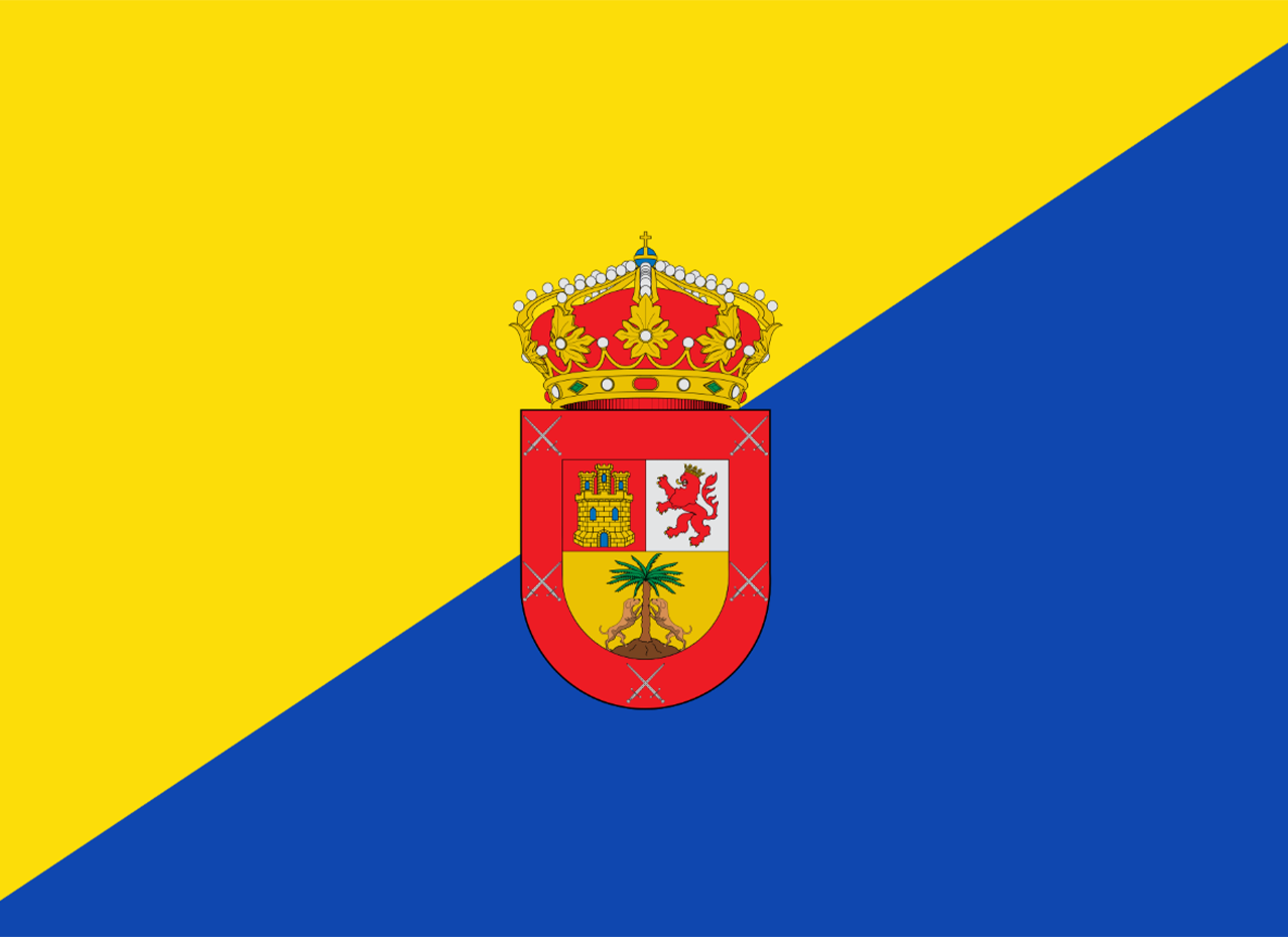 Flag with yellow and blue diagonal halves, coat of arms in the center featuring a crown, a castle, a lion, and a palm tree.