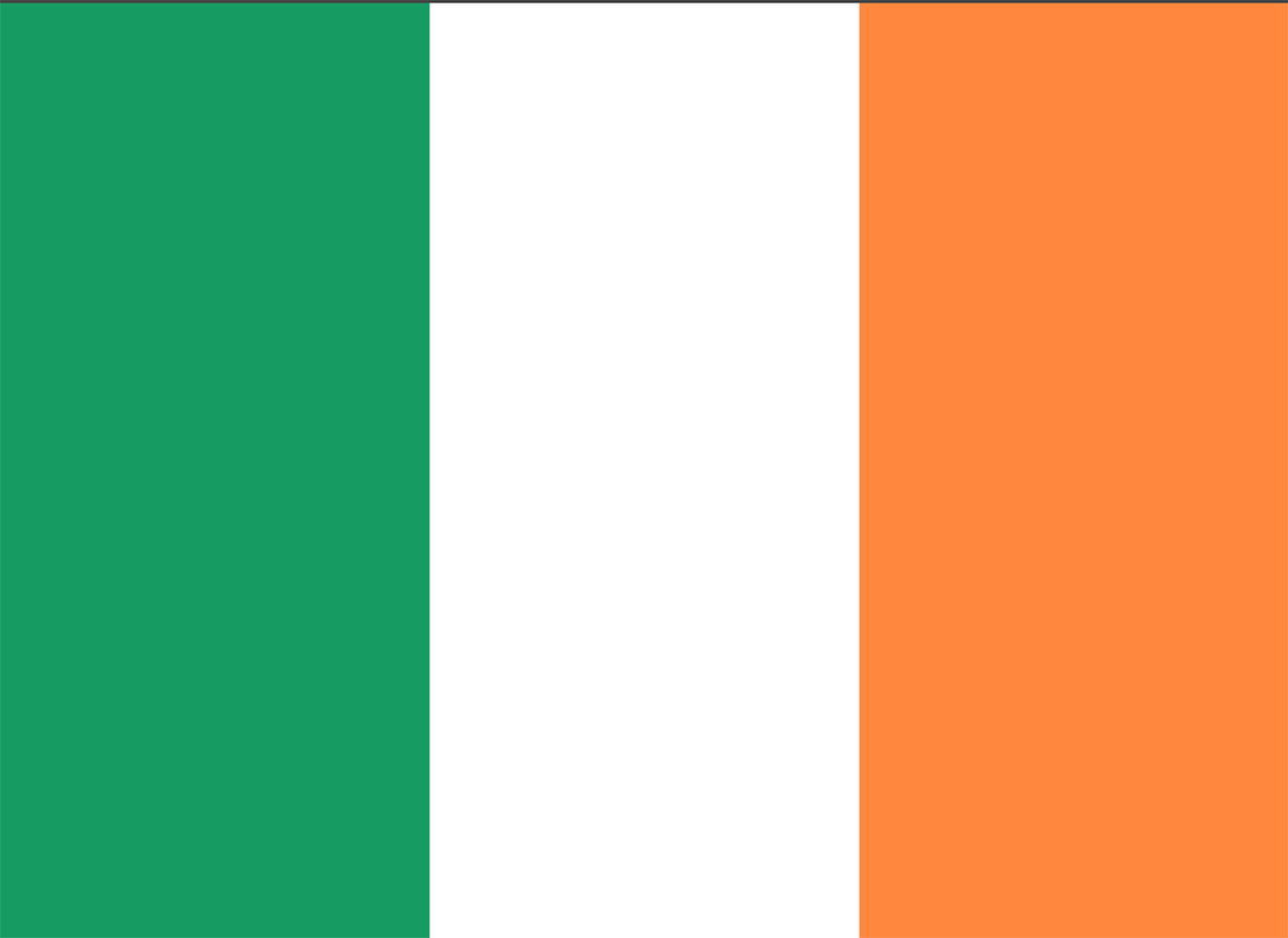 Flag of Ireland with green, white, and orange vertical stripes.