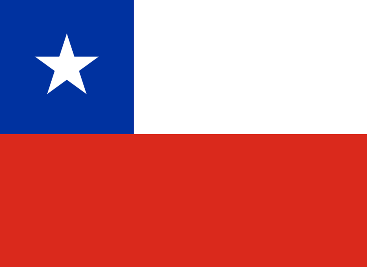 The flag of Chile, with a blue square containing a white star in the upper left corner, a white horizontal stripe next to the blue square, and a red horizontal stripe at the bottom.