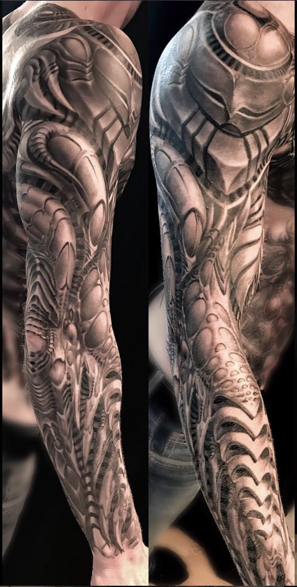 Black and grey biomechanical tattoo sleeve on a person's arm, featuring abstract organic shapes and intricate line work.