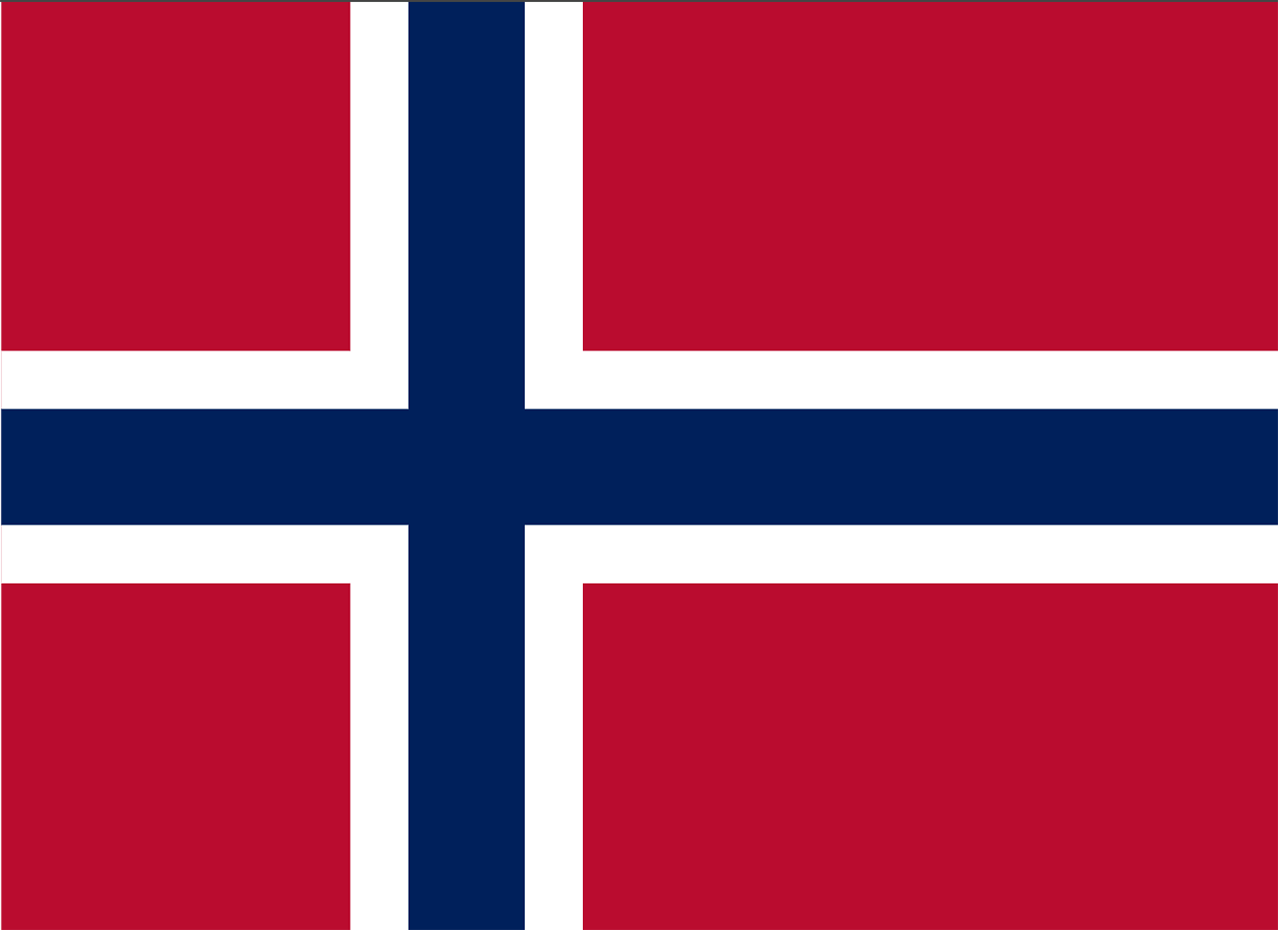 Norwegian flag with red background, blue cross outlined in white.