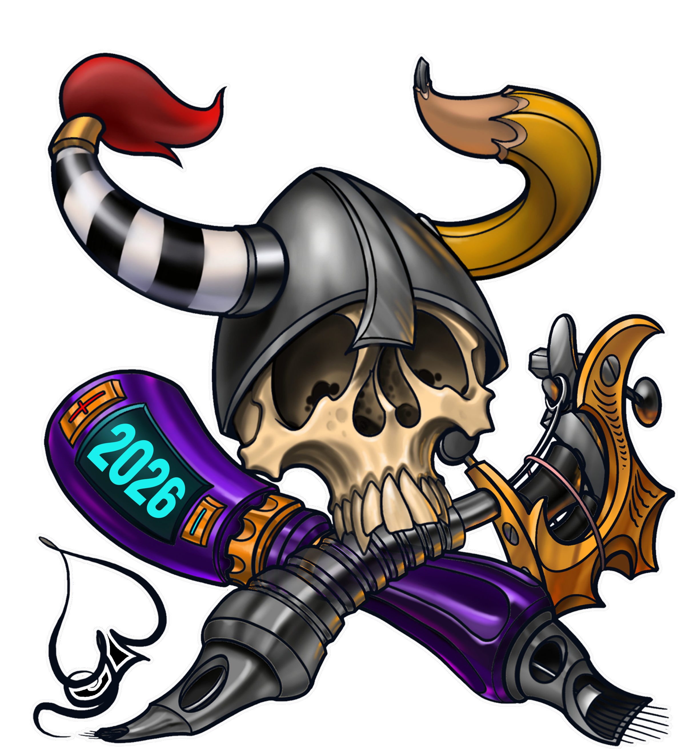 A skull with two tattoo machines and a viking helmet brush and pencil as horns