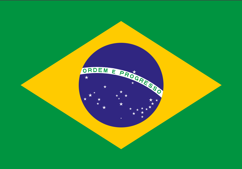 The flag of Brazil with a green background, a yellow diamond, a blue circle, and white stars and a banner with green text.