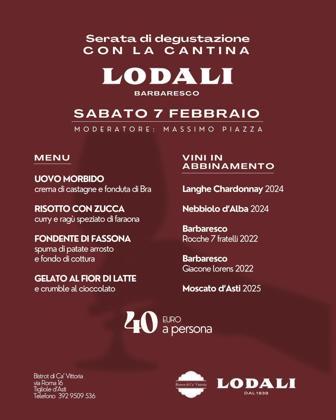 Serata Vini al Bistrot: Ca’ Vittoria incontra la cantina Lodali