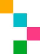 Cinq carrés colorés (jaune, cyan, rose et vert) disposés dans un motif geometrique sur fond noir.