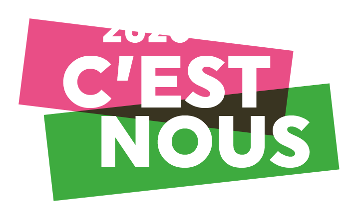Logo coloré avec le texte '2026 C'EST NOUS' sur fond noir.