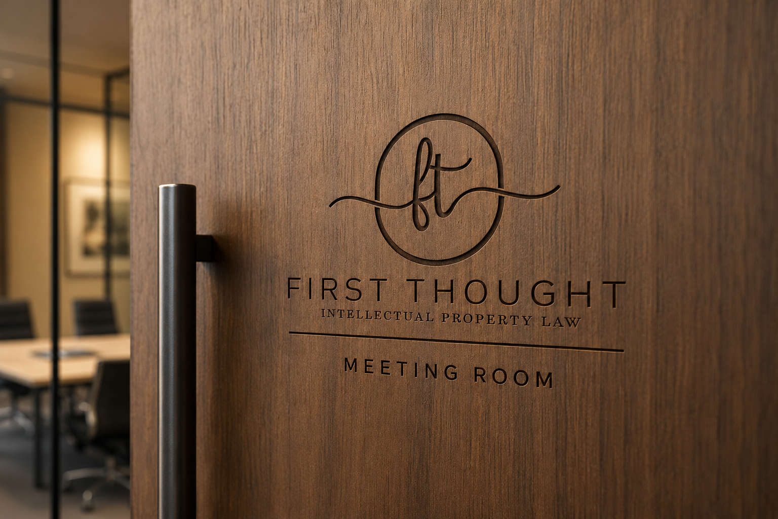 Wooden door with First Thought Intellectual Property Law logo and text, indicating the meeting room inside.