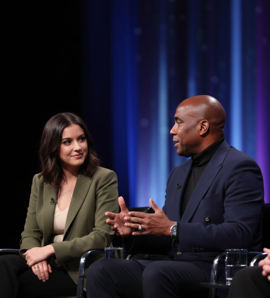 Two people sitting on a panel discussion stage with blue and purple lights in the background. The woman on the left has dark brown hair, wearing a green blazer over a cream-colored top. The man on the right is bald, wearing a navy blazer over a black turtleneck, and is speaking with hand gestures.