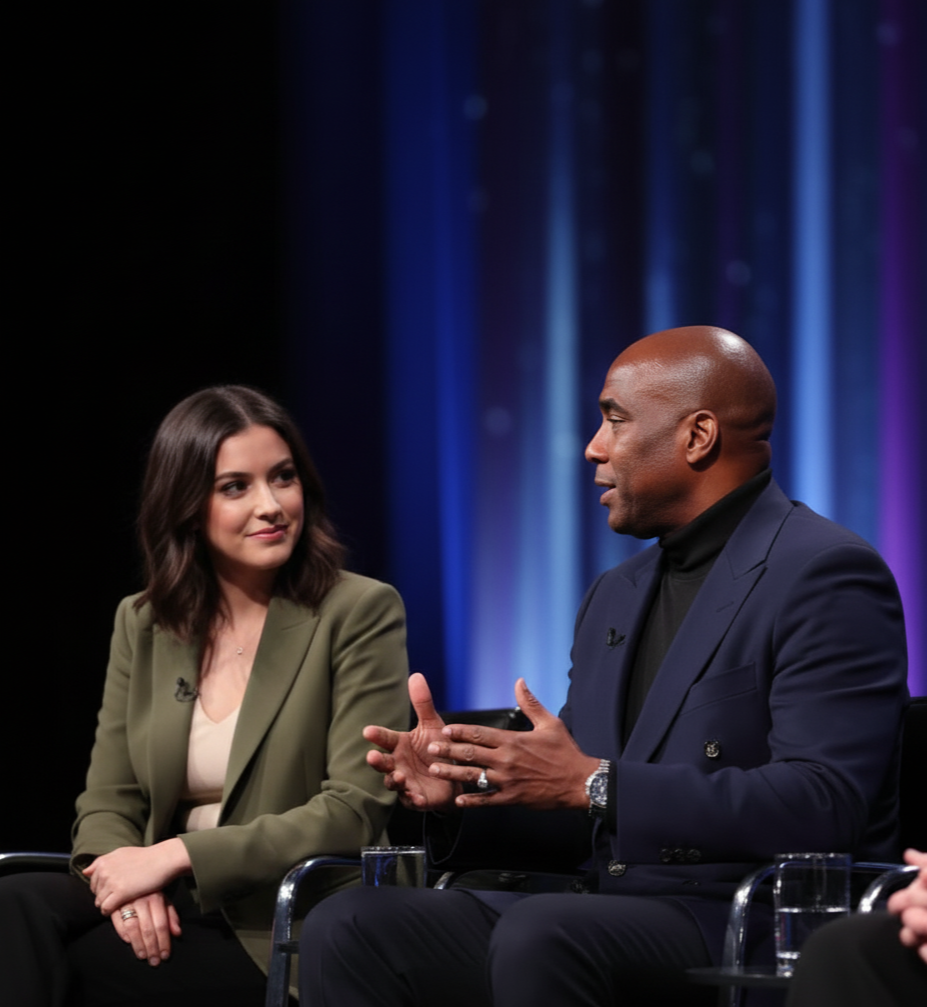 A man and a woman are sitting on a stage, engaged in a conversation. The woman, with shoulder-length brown hair, is wearing a green blazer and cream blouse. The man, bald and with a dark suit, is speaking and gesturing with his hands. There are chairs and glasses of water on the table in front of them, and a dark, colorful backdrop behind them.