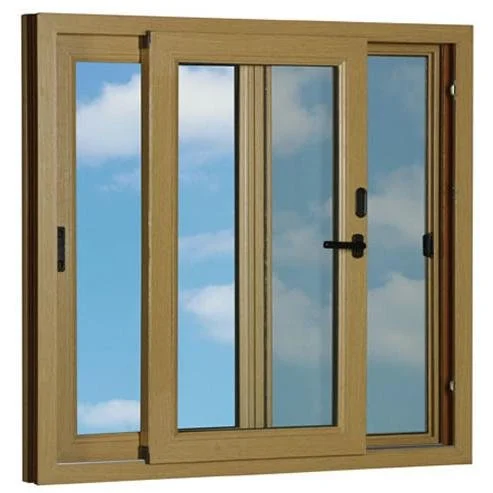 A set of sliding glass door panels with a wooden frame and a view of the sky with clouds outside.
