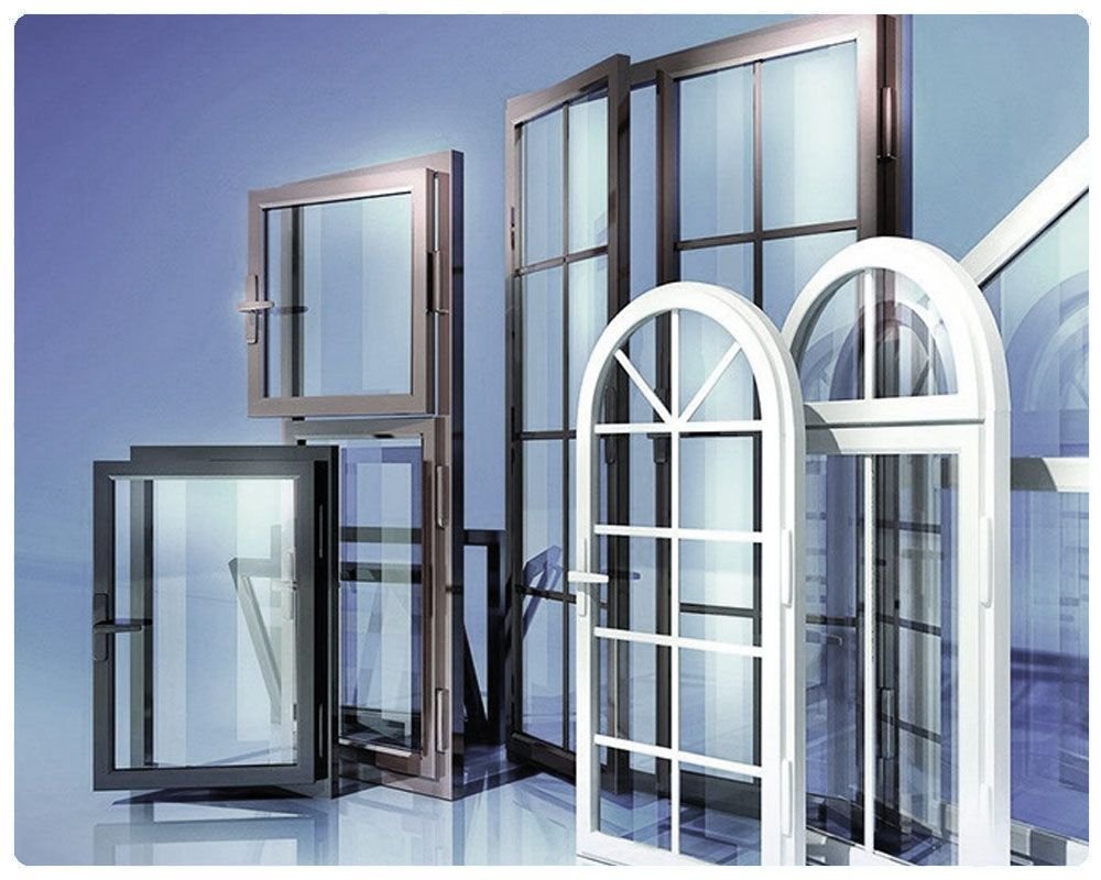 Collection of various windows including casement, awning, and arched styles displayed against a blue background.