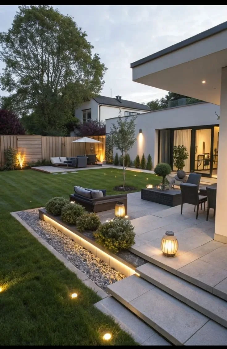Modern backyard patio with outdoor furniture, a grass lawn, a small tree, decorative lights, and a fence, adjacent to a contemporary house with large glass doors.
