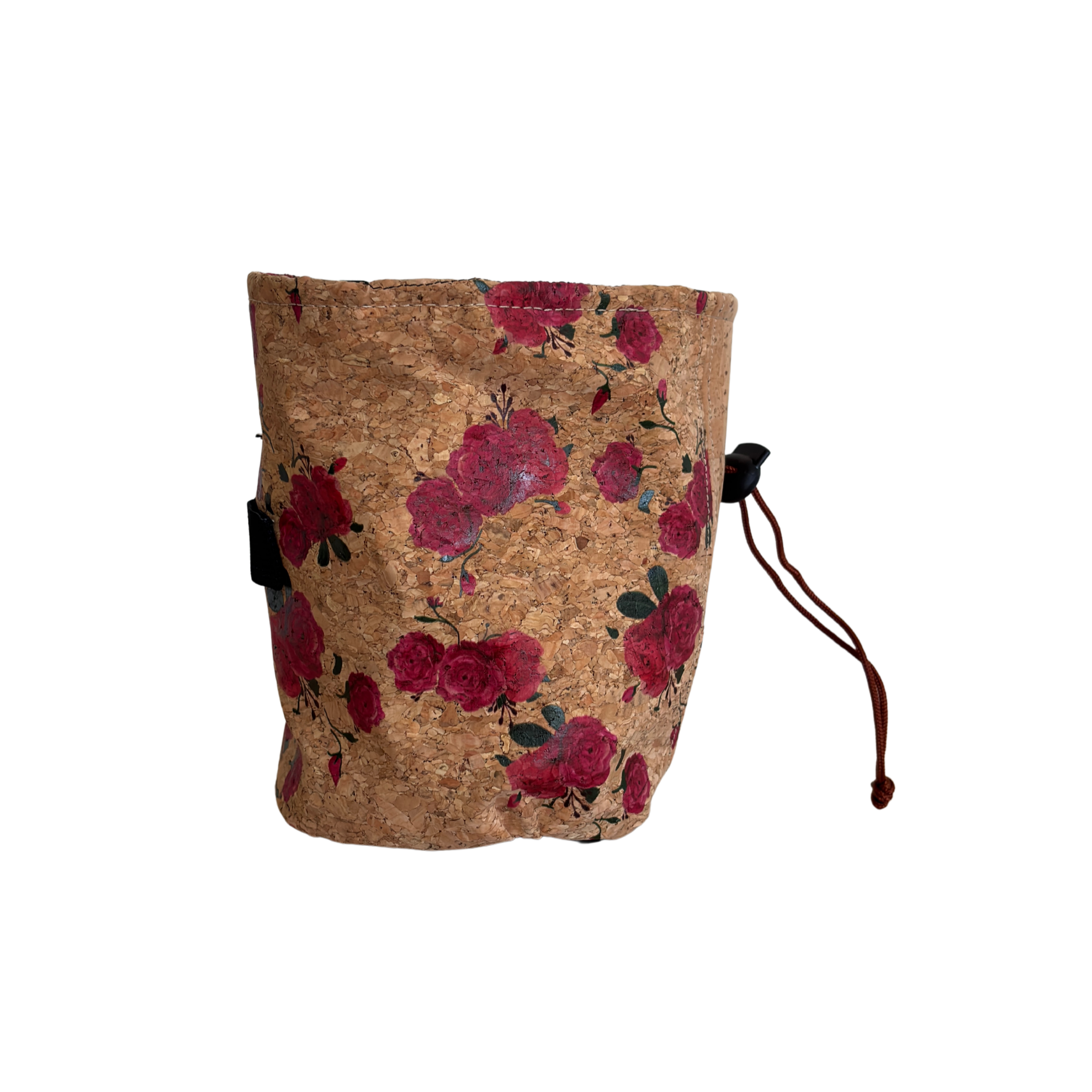 Stoffbeutel aus Kork mit roten Rosenmustern und Kordelzug