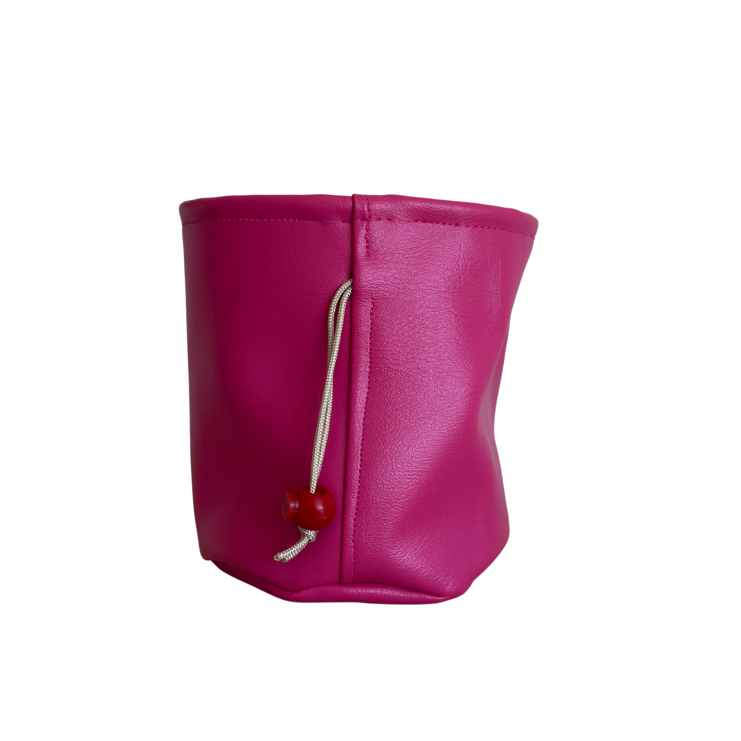 Eine pinke Gummistiefel mit einem roten Lock und einem weißen Kordelzug