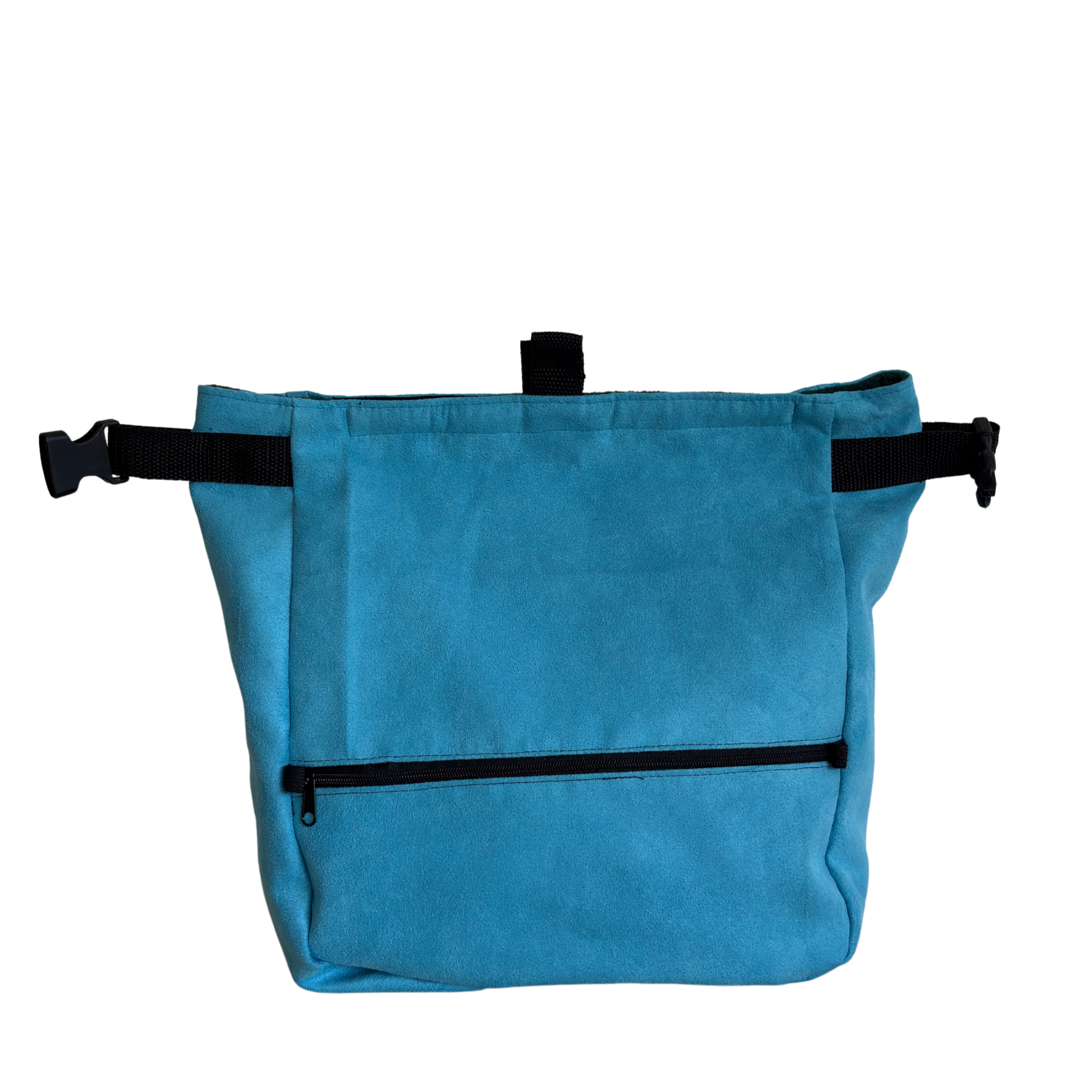 Blaue Tasche mit Reißverschluss und schwarzen Gurten.