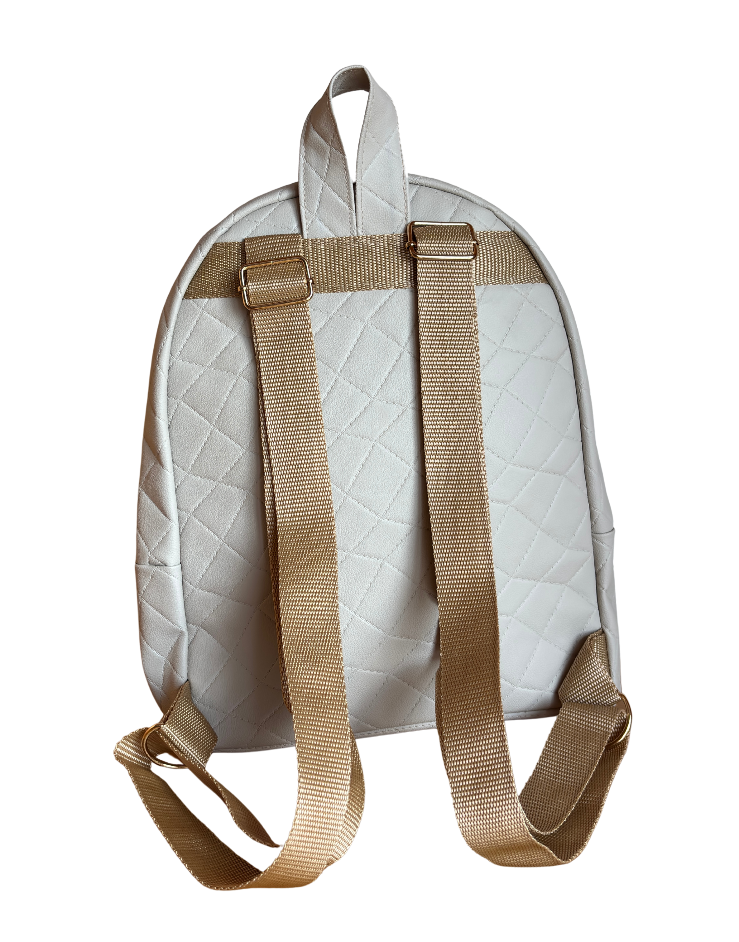 Rucksack mit weißem, gestepptem Muster und goldenen Schultergurten