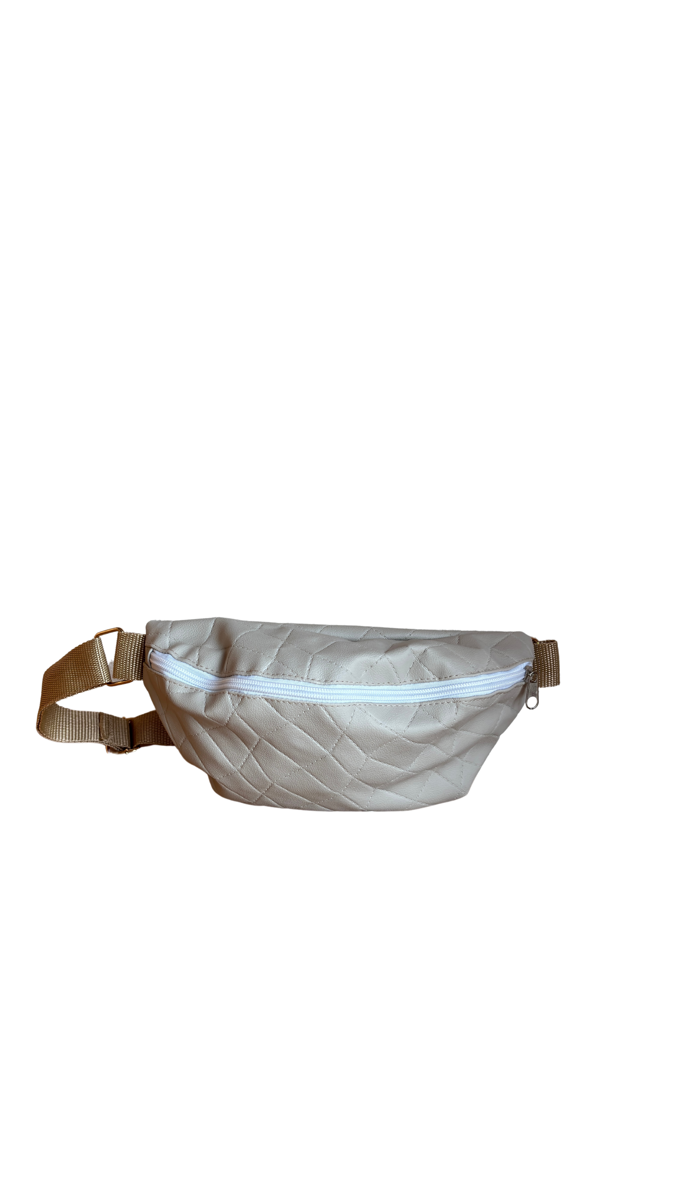 Beige Gürteltasche mit gesteppter Oberfläche und weißen Reißverschluss