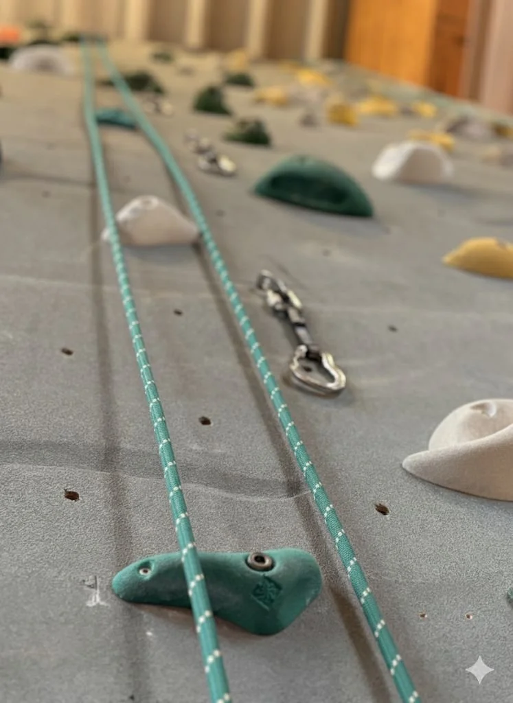 Kletterwand mit verschiedenen Haltegriffen und Seilen.