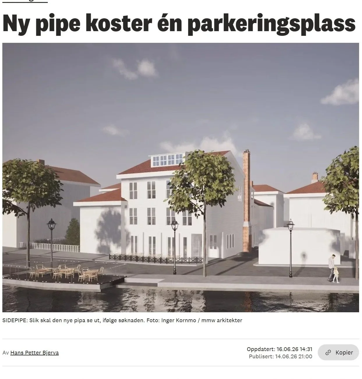       
  
    Promenaden i Risør videre til politisk behandling  Prosjektet vårt på Promenaden i Risør har den siste tiden fått omtale i lokalavisen Aust-Agder Blad. Bakgrunnen er en søknad om etablering av et nytt ventilasjonsanlegg som er nødvendig