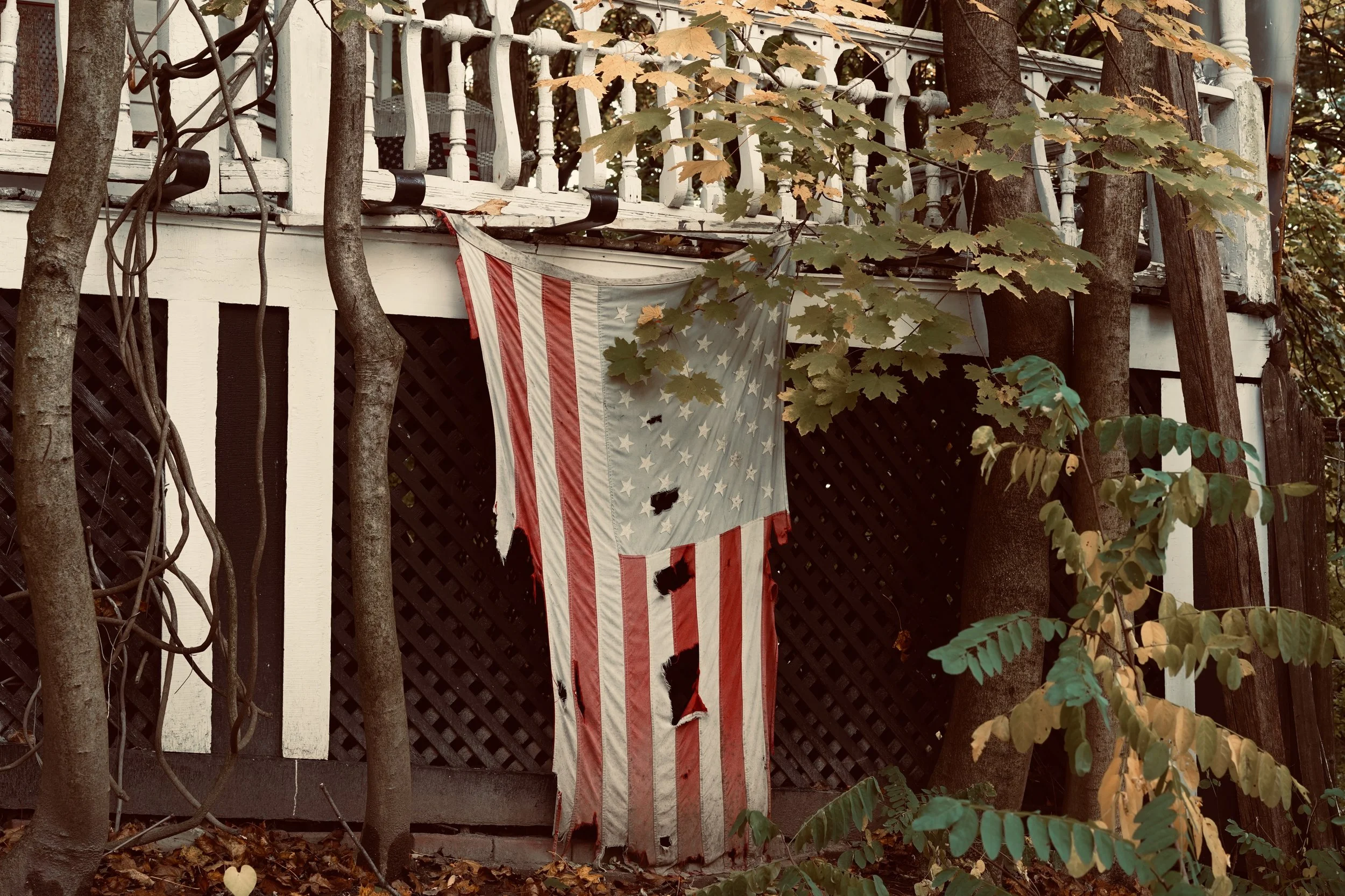 Tattered American flag hanging on a porch with trees and leaves around.