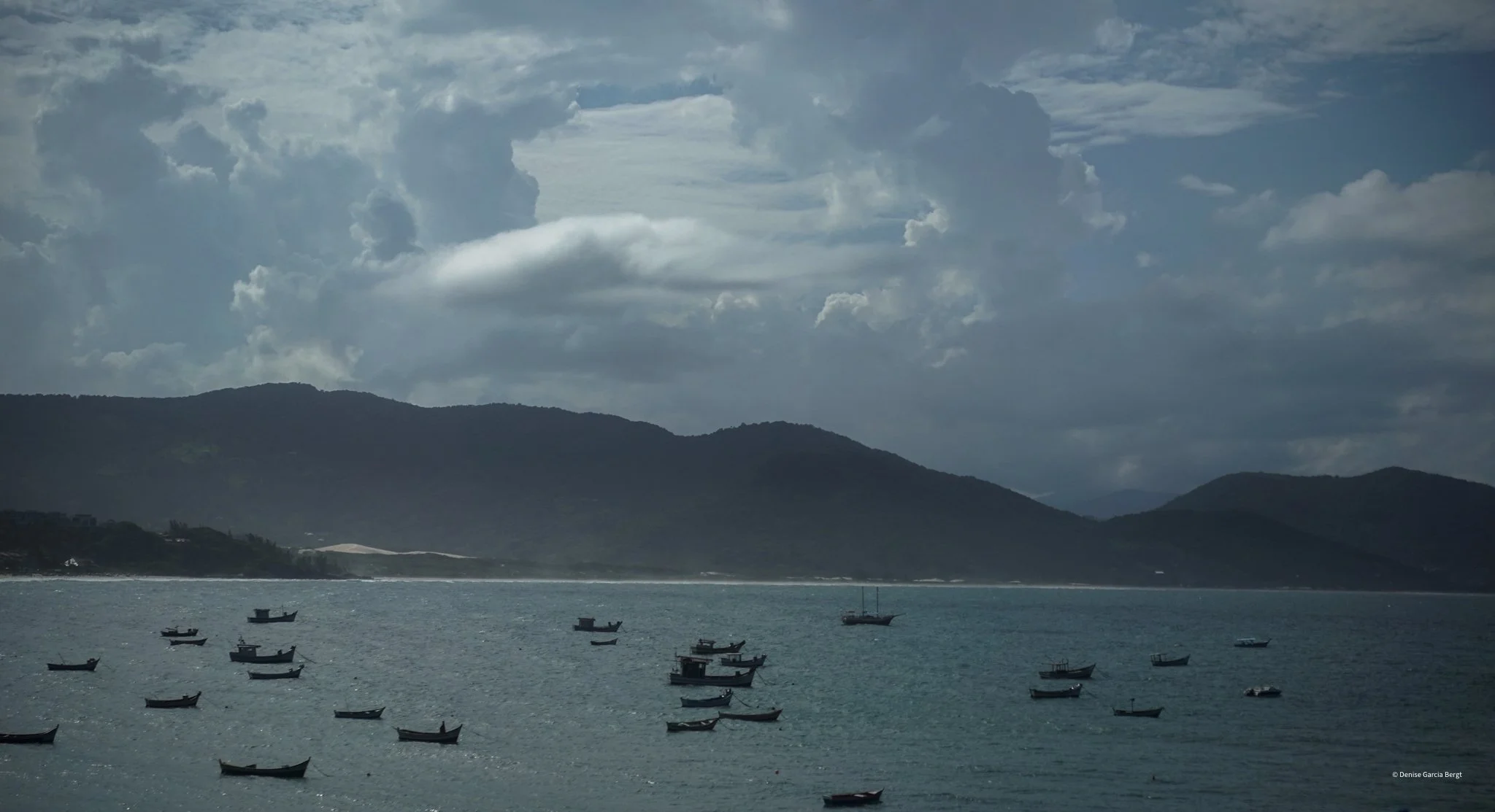 A scenic view of a coastal area with numerous small boats floating on calm water, mountains in the background, and a cloudy sky overhead.