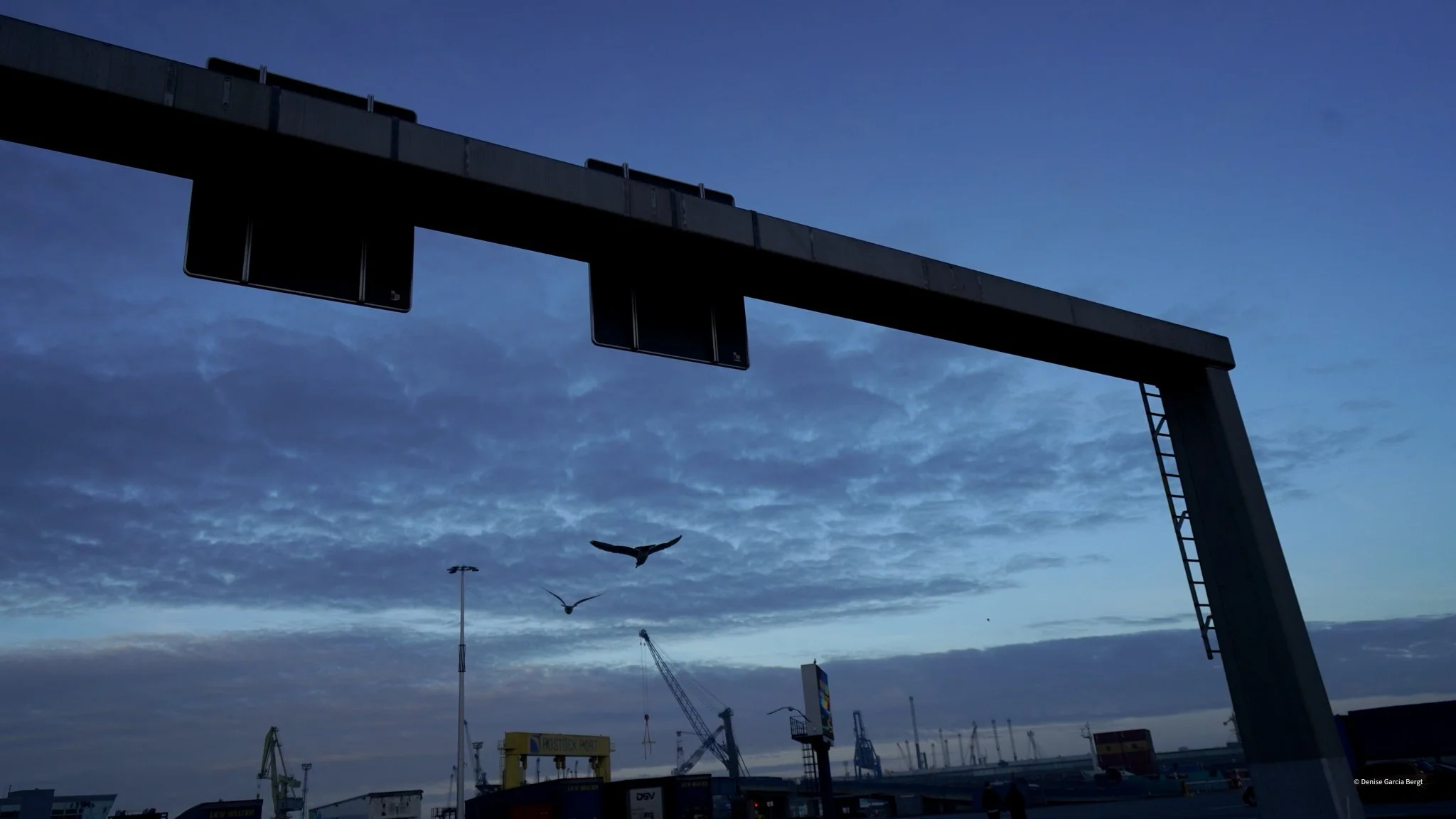 Industrial port with cranes and shipping containers, under a cloudy blue sky, with seagulls flying.