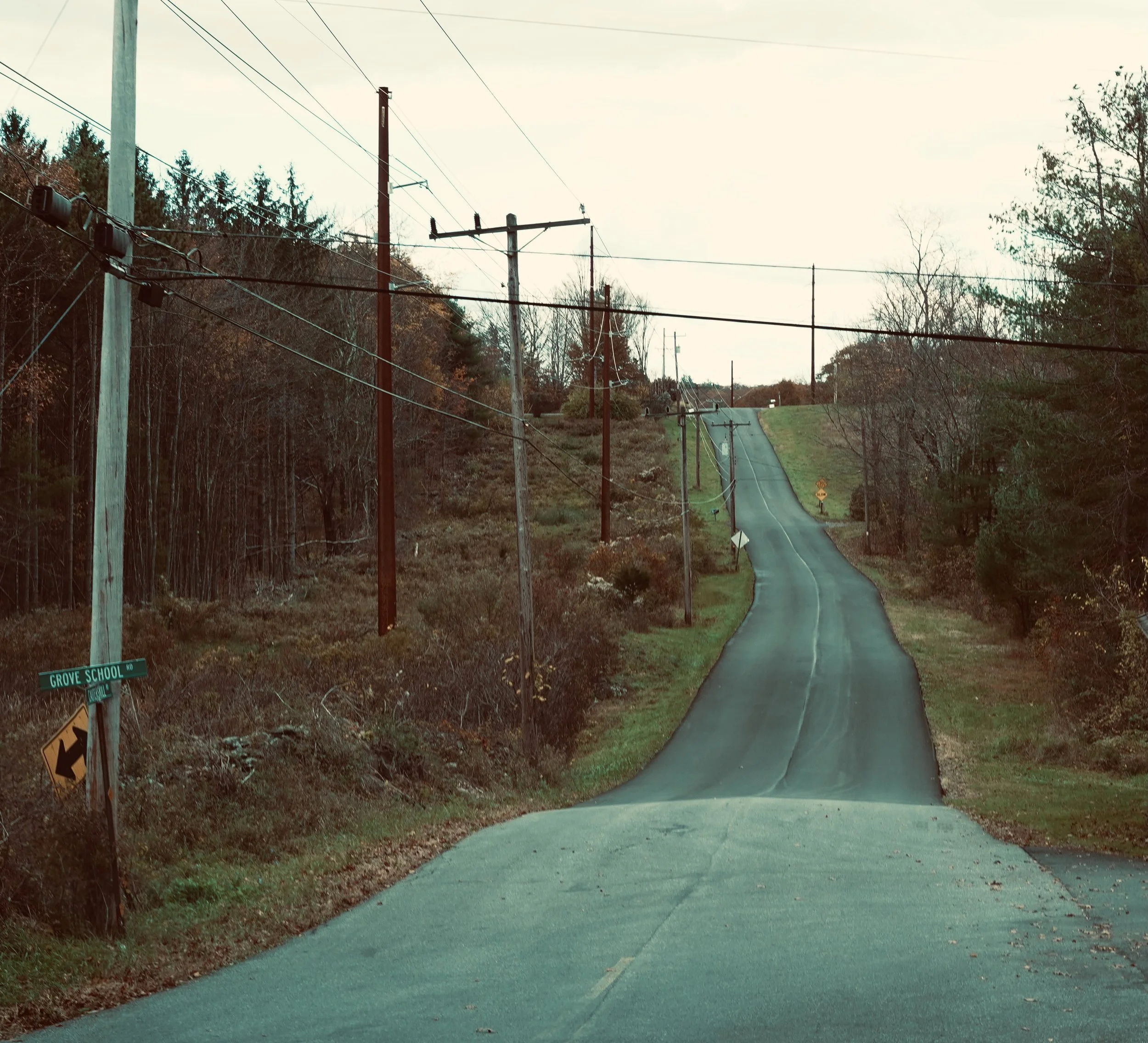 A rural, winding paved road with a slight incline, surrounded by trees and grass on both sides. Utility poles and power lines run alongside the road. A street sign reads 'Grove School Rd' and a yellow warning sign with arrows indicates a sharp turn a