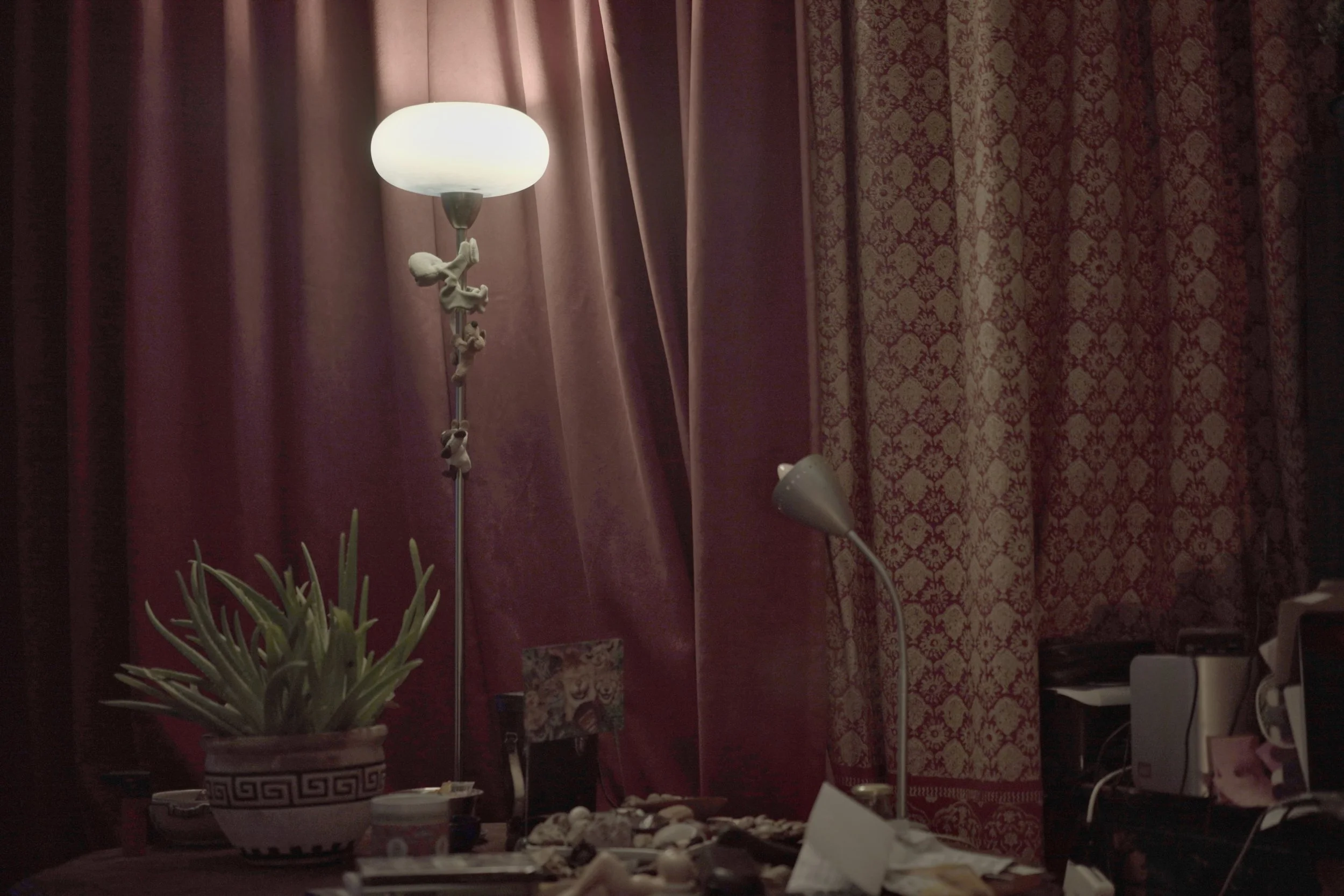 A room corner with pink curtains, a standing lamp with a child figure, a desk lamp, a potted succulent plant, and various objects on the table.