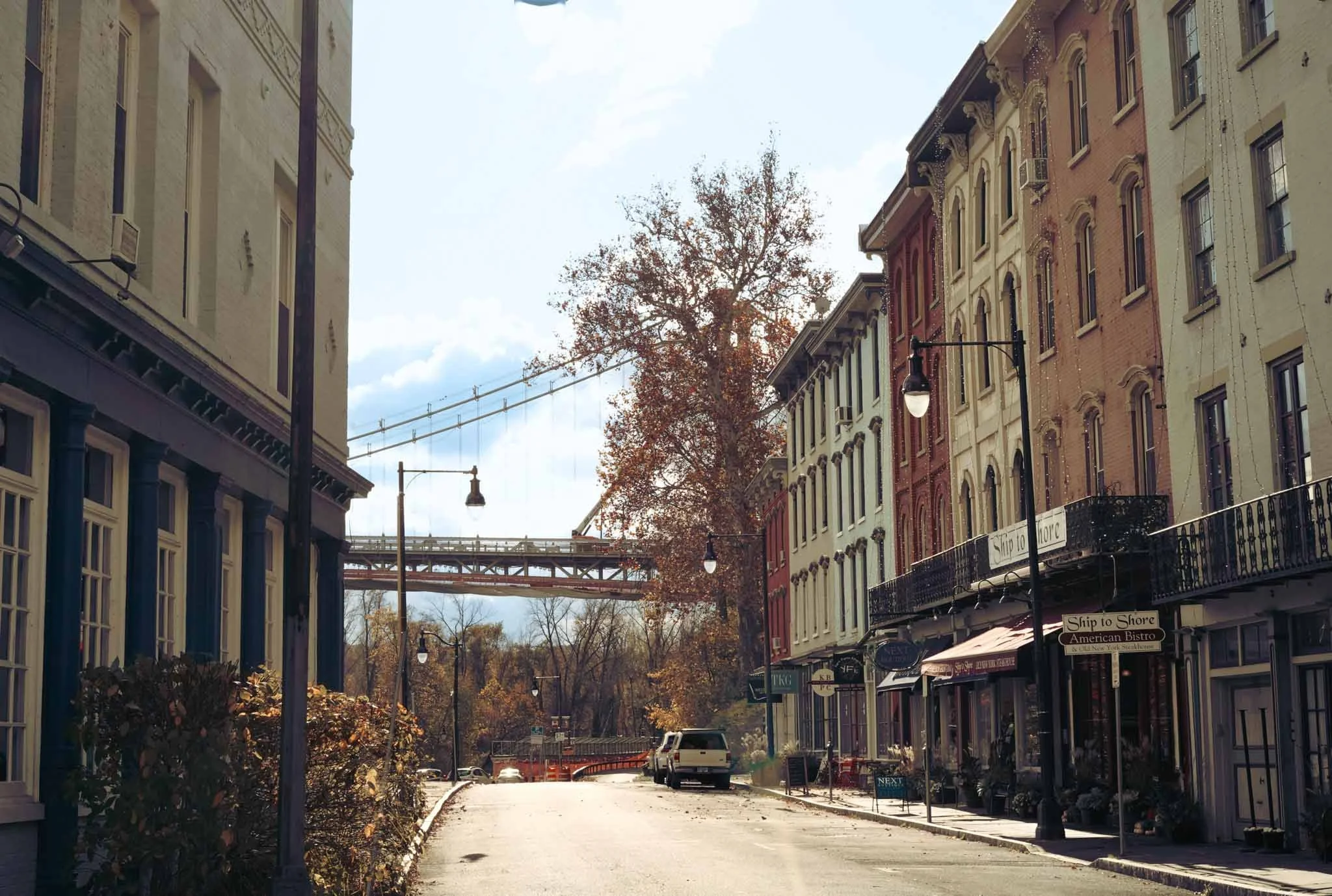 A daytime street scene with multi-story buildings, some with cafes and storefronts, and a bridge in the background. Trees with fall foliage are visible along the street, with parked cars and vintage-style street lamps lining the sidewalk.