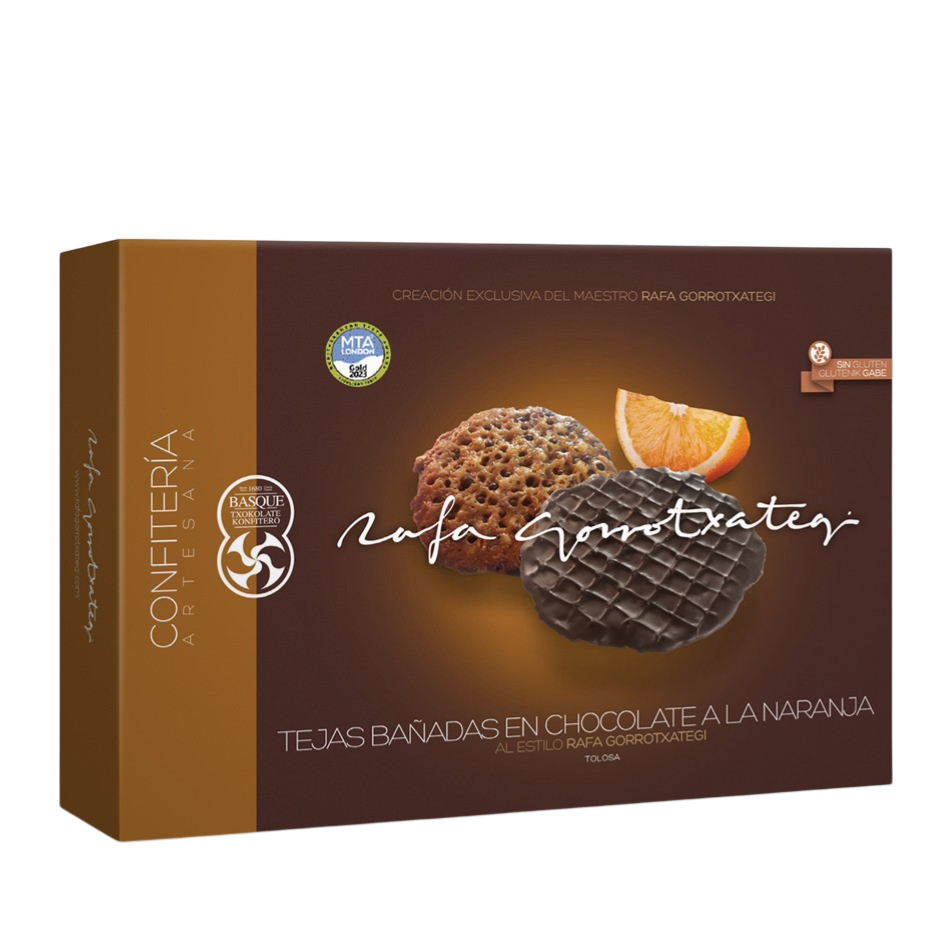 ALMOND TILES, DIPPED IN DARK ORANGE CHOCOLATE (12.78 € / 24.99 лв.)